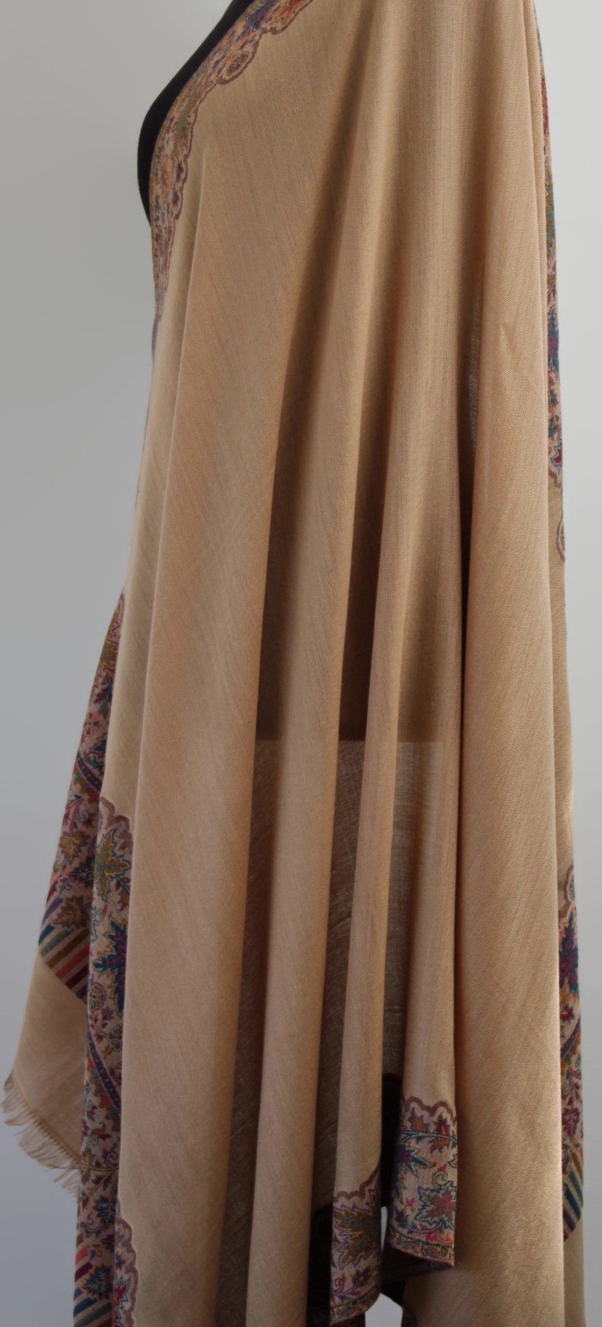 Grand Châle En Laine Jacquard Kani, Main Découpé, Beige/marron, Style Pashmina - Dimensions 84x40 Pouces, Neuf Avec étiquettes