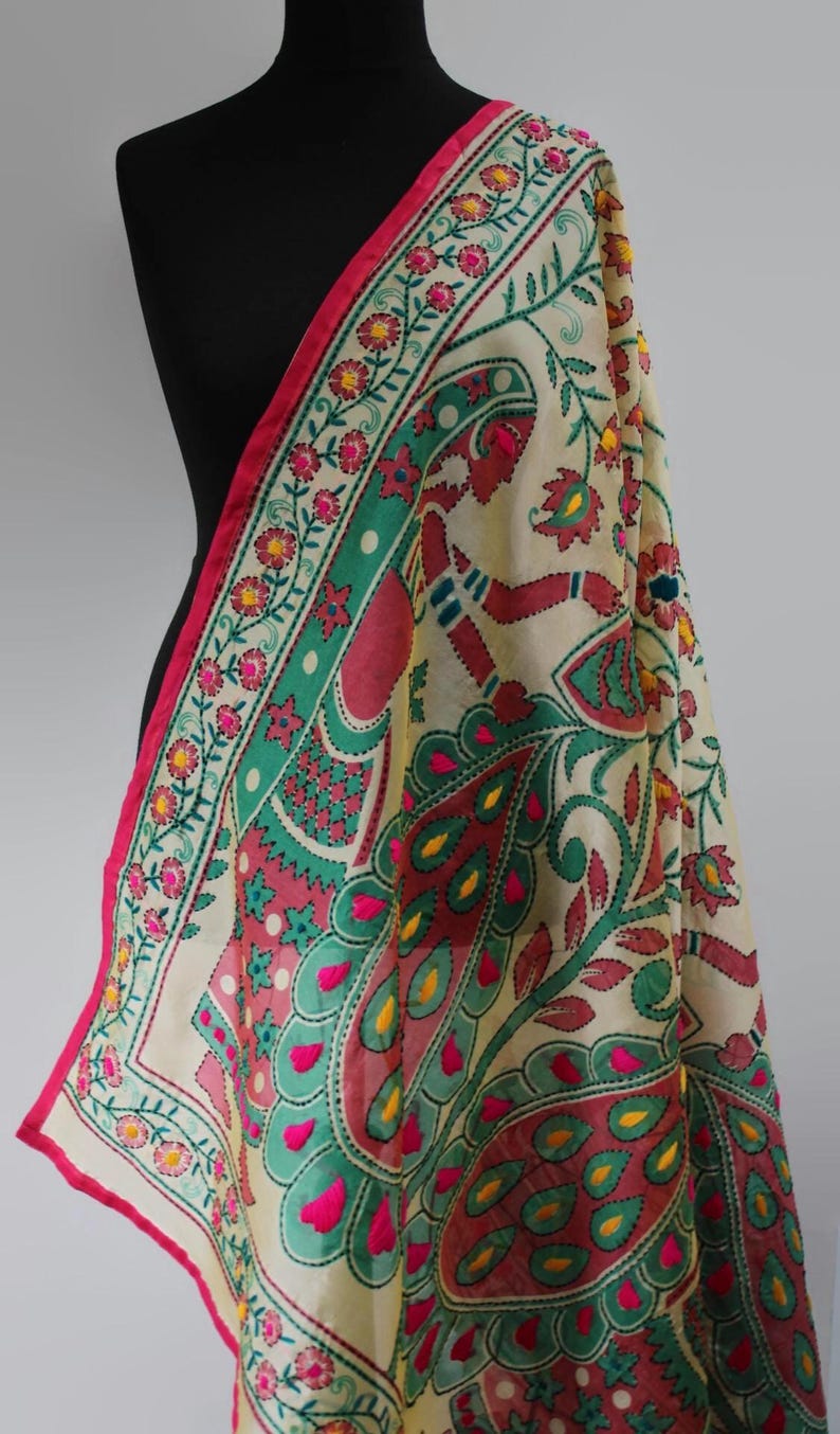 Mughal Darbar Phulkari Dupatta Seide / Hand bestickt / Festliche Hochzeit Dupatta / Floraler Schal Bild 3