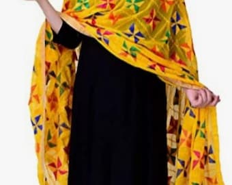 Leichte gelbe Blumenarbeit Chiffon Dupatta - Federweicher Faden Stickerei, traditionelle indische Stola (34x80 inches)