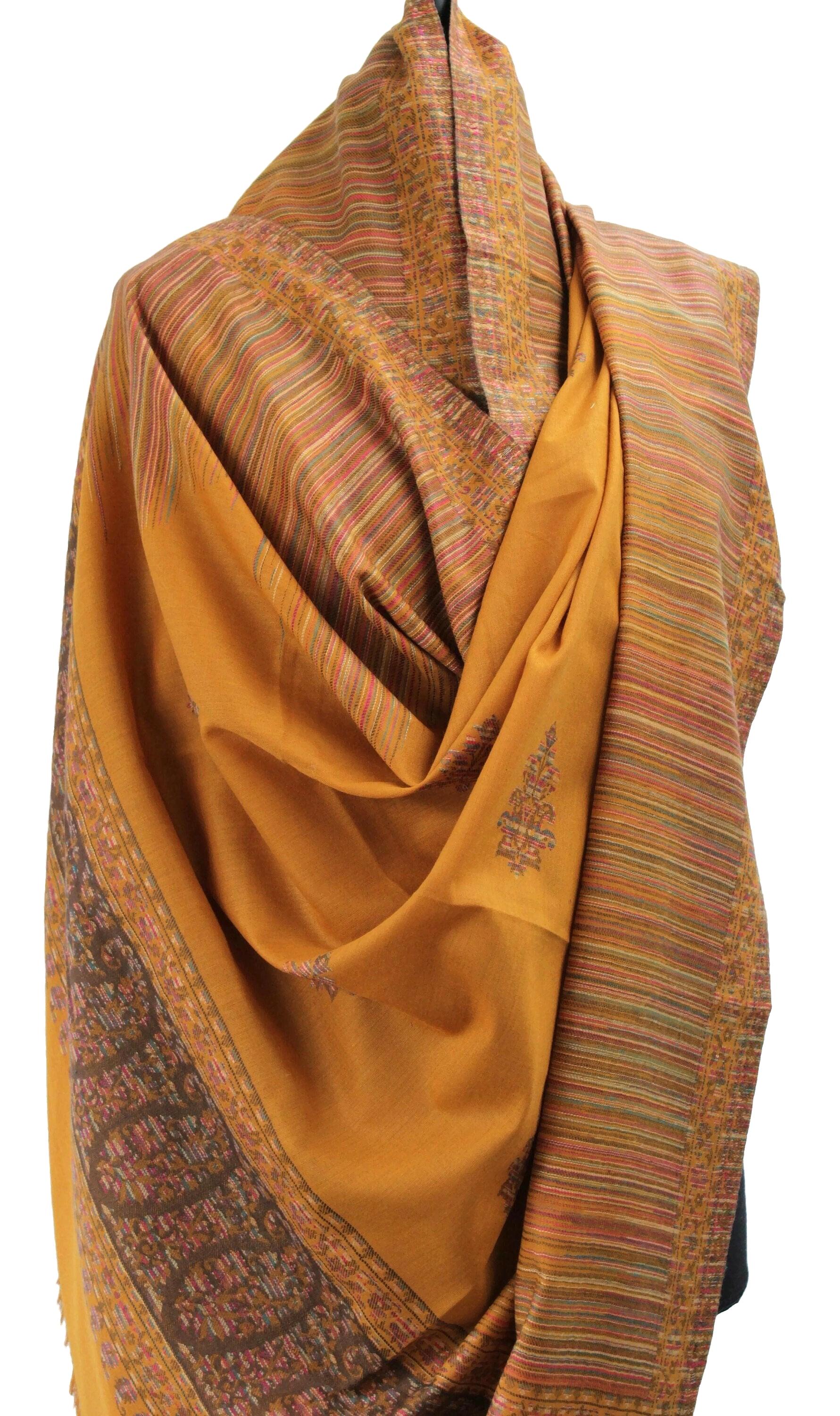 Large Mustard Jcquard Kaani Design Embroidered Shawl, Winter