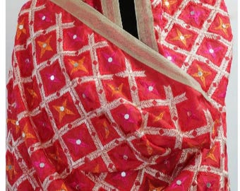 Bestickte Chiffon Dupatta: Punjabi Phulkari Schal mit Spiegelarbeit