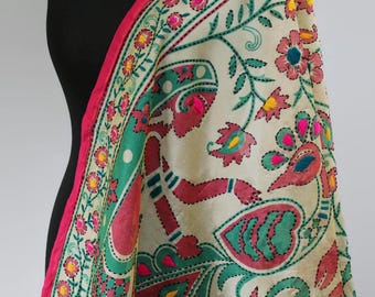Mughal Darbar Phulkari Dupatta Silk/ Hand Embroidered/ Festive Wedding Dupatta/ Floral Shawl