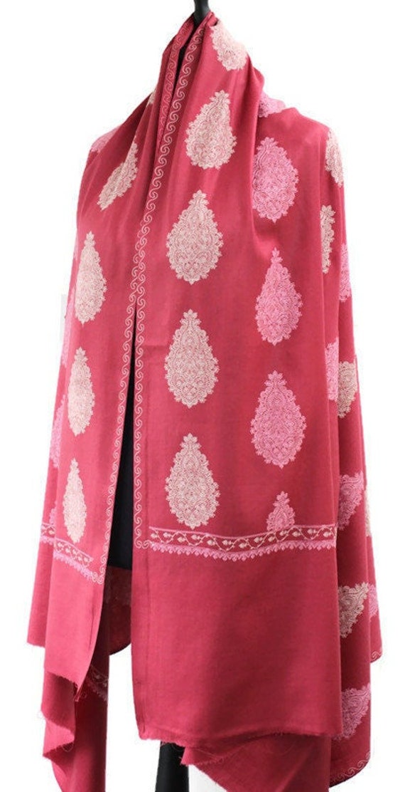 Large Beautiful Kalamkari Embroidery Needle Work Cashmere Pashmina Shawl Solid Kani Design Women Stole Winter Gift For Her.