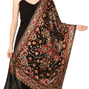 Regal Collection,  Pashmina Hand Embroidery Nalki Stole Scarf, Rich Black