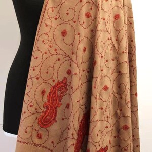 Exclusive Soft and Light Large Beige Pashmina Wool Embroidered Shawl, Winter Wrap (40x80 inches) image 2