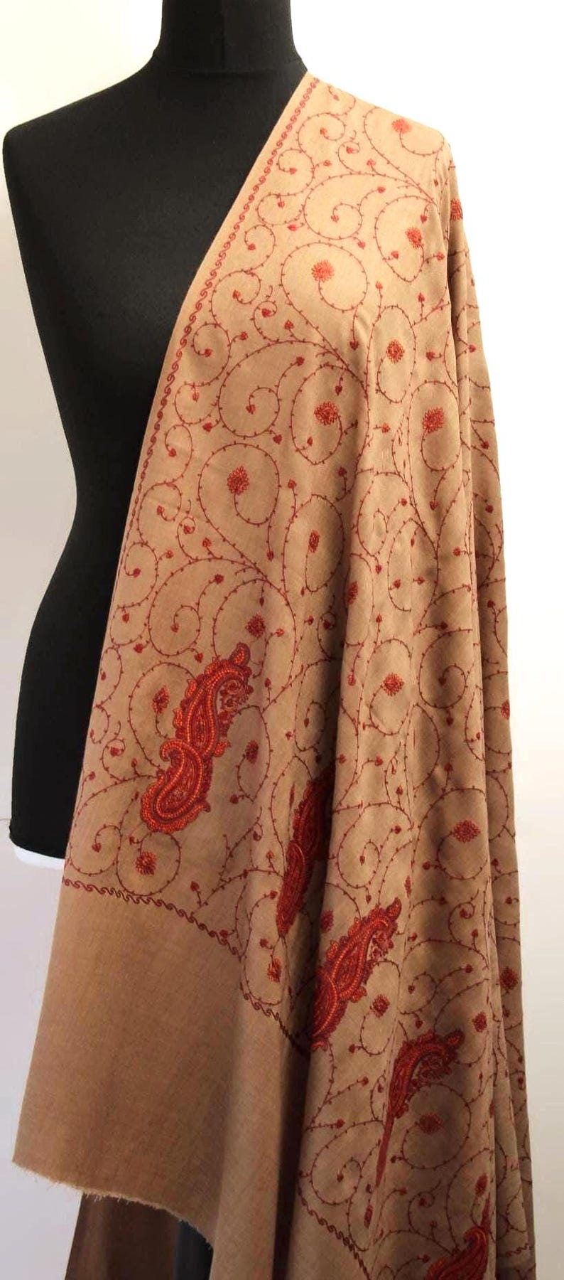 Exclusive Soft and Light Large Beige Pashmina Wool Embroidered Shawl, Winter Wrap (40x80 inches) image 2