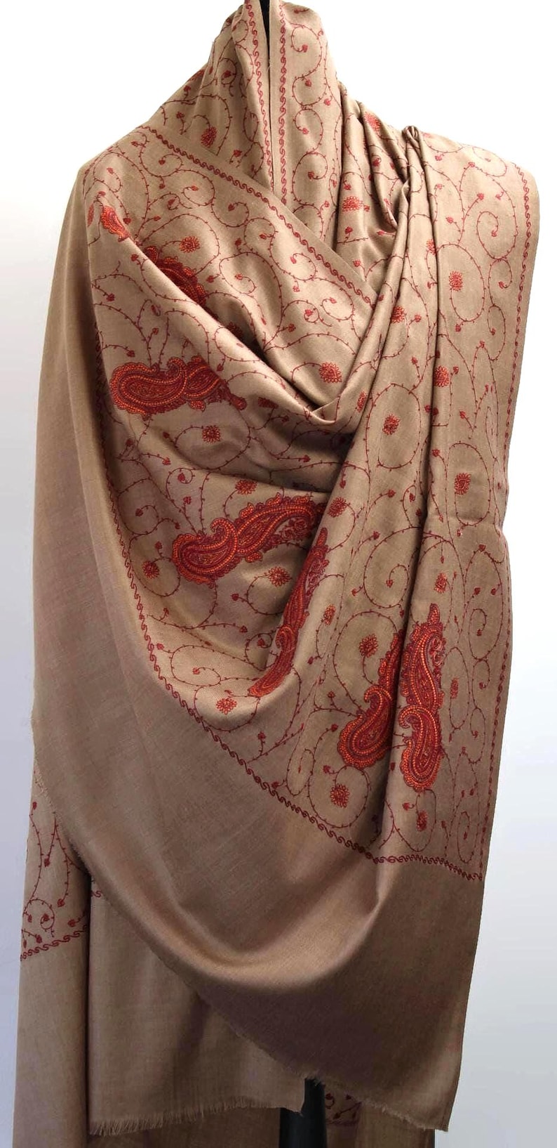 Exclusive Soft and Light Large Beige Pashmina Wool Embroidered Shawl, Winter Wrap (40x80 inches) image 1