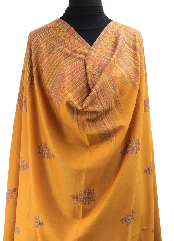 Large Mustard Jcquard Kaani Design Embroidered Shawl, Winter