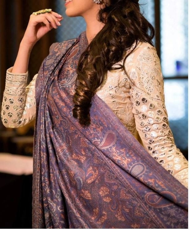 Large Blue Kashmiri Jacquard Design Pashmina Wool Shawl