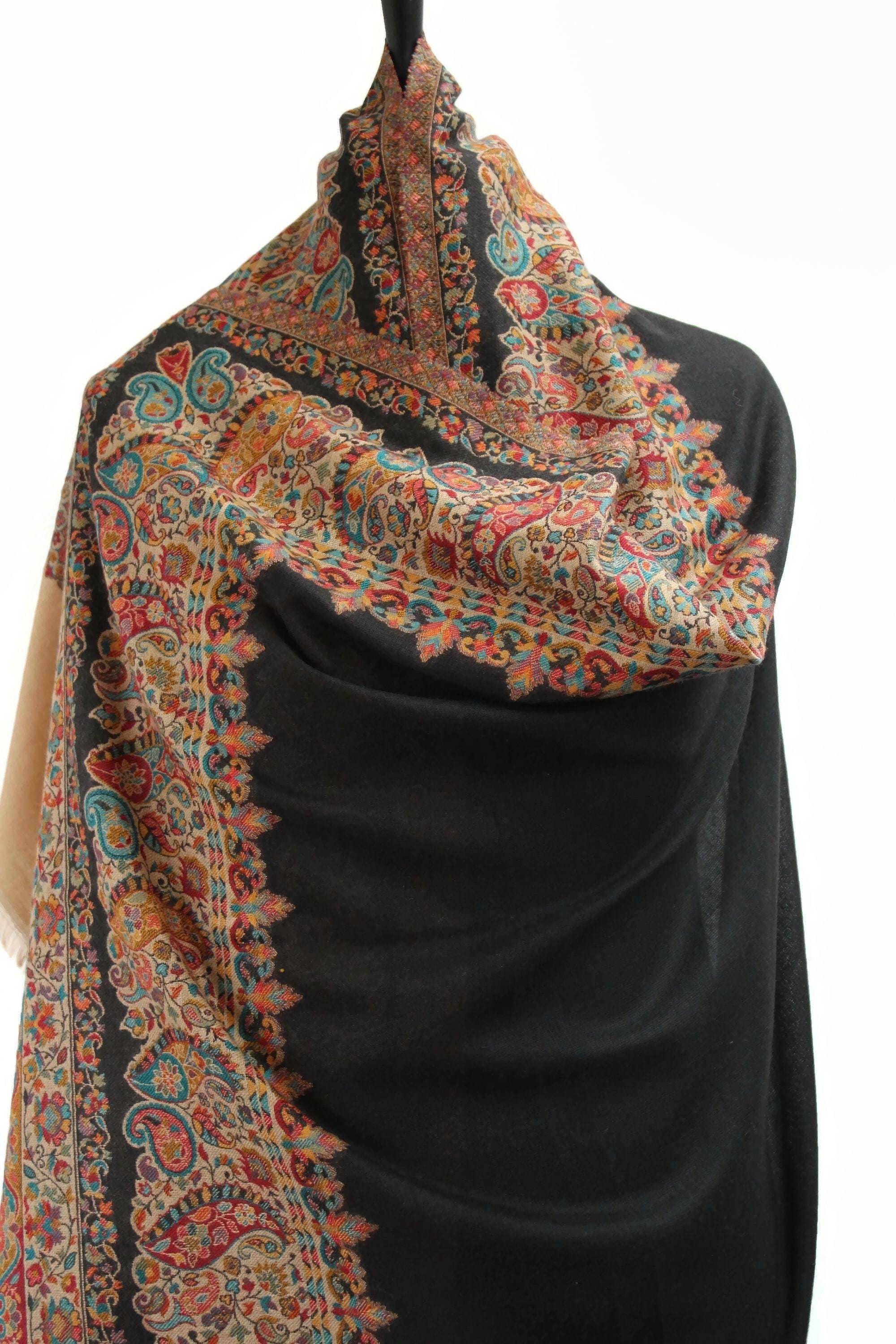 Large Black and Beige Kashmiri Pashmina Kaani Embroidered