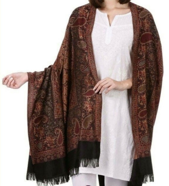 Large Black Kashmiri Jacquard Design Pashmina Wool Shawl