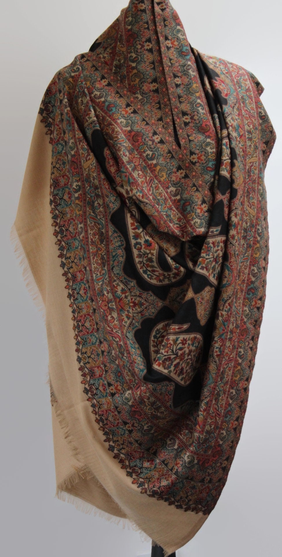 カニ織パシュミナショール大判 大型ブラックマルチカラーパシュミナカニ織りショール、冬用ラップ（40