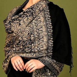Exclusive Black Pashmina Nalki Gold Embroidered Wool Stole, Wrap (28 x 80Inches)