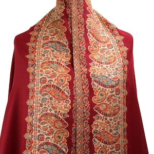 Large Red   Pashmina Kani Embroidered Shawl, Winter Wrap (40x80 inches)