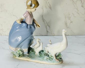 Lladro Spain HURRY NOW Girl w/ Twig Leading Geese Ducks Figurine 5503