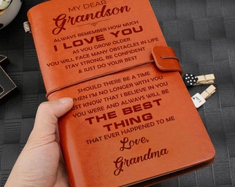 Finyosee Leather Grandson Journal from Grandma,Embossed Vintage Refillable Writing Journal- -Paper 7.9x4.7 Gift for Christmas,Birthdays,Graduation,Party-Grandson Laugh - Love - Live