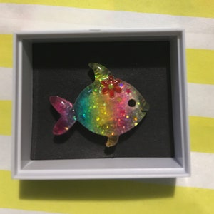 The wee sparkly rainbow fish in a box, cute shelf ornament, kawaii keepsake, pocket hug, unique quirky original gift, feel good gift,