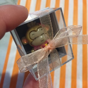 May include: A small, clear plastic box containing a light brown monkey figurine. The box is tied with a light brown ribbon and bow.