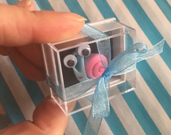 The wee snail in a box, Shelf ornament, kawaii keepsakes, pocket hug, cute gift, unique little gift
