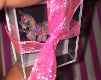 The wee prancing unicorn in a box ,Shelf Ornament, Kawaii Keepsake, Feelgood Gift, Pocket hug, Missing You Gift, Quirky Gift, Unique Gift
