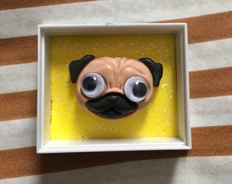 The wee pug  in a box ,Shelf Ornament, Kawaii Keepsake, Feelgood Gift, Pocket hug, Missing You Gift, Quirky Gift, Unique Gift, Cute