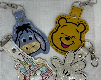 Disney character inspired keyring, Mickey Mouse, Winnie the Pooh, Eeyore, Disney Castle keychain, fob, zip pull, bag charm