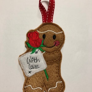 Lebkuchenmann mit roter Rose, Geschenk zum Muttertag, Geschenk zum Valentinstag, Weihnachtsdekoration, Geschenk für die Liebste, Geschenk für Sie