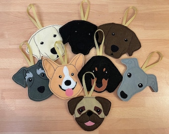 Dog head hanging decoration, Corgi, Schnauzer, Dachshund, Pug, Black Lab, Yellow Lab, Chocolate Lab, Greyhound