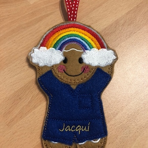 Nurse Gingerbread hanging decoration, Scrub Nurse, NHS, Nurse with Rainbow, personalised gift, Pandemic, Christmas gift, Gift for friends