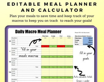 Daily Macro Meal Planner Calculator Excel and Printable