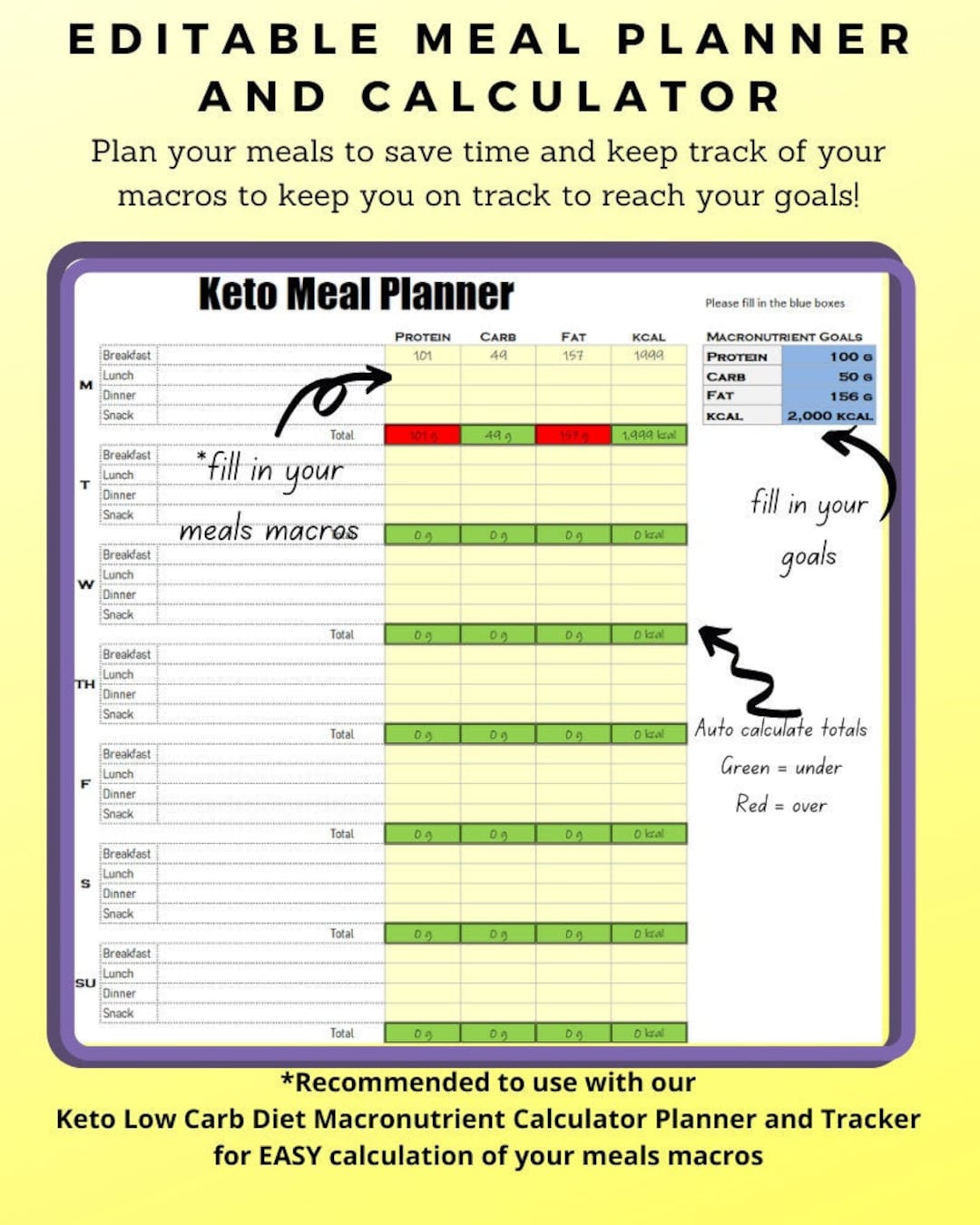 Keto Low Carb Meal Planner Calculator Excel and Printable - Etsy