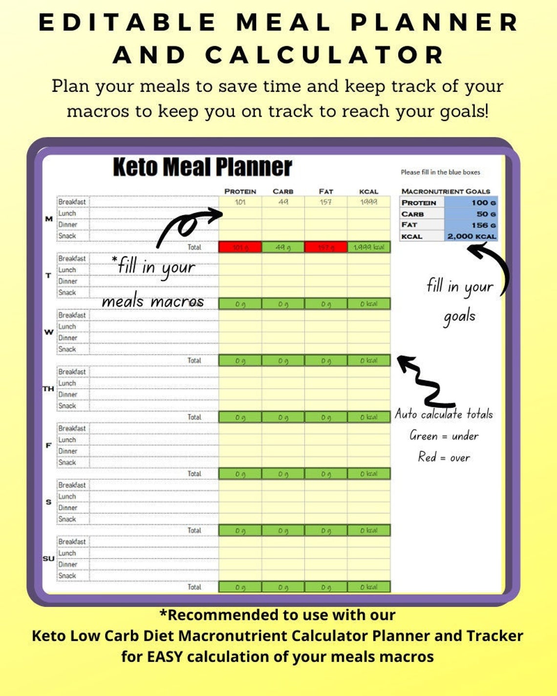 Keto Low Carb Meal Planner Calculator Excel and Printable - Etsy