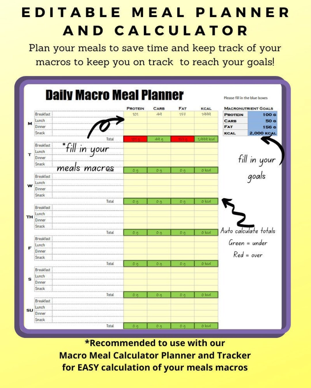 Daily Macro Meal Planner Calculator Excel and Printable - Etsy