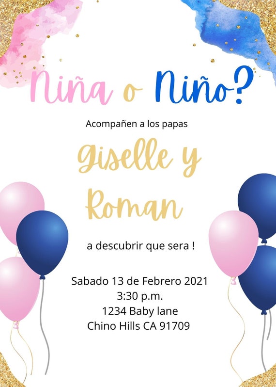 Spanish gender reveal invitation editable pink blue gold Etsy
