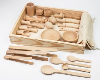 Mega Set Sensory Bin Tools, Wooden Tray, Montessori Bin Tools, Toddler Sensory Kit, Waldorf Toys, Loose Parts, Transfer Work, Fine Motor