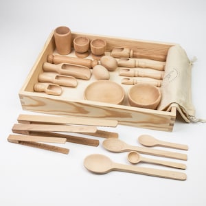 Méga ensemble d'outils de poubelle sensorielle, plateau en bois, outils de poubelle Montessori, kit sensoriel pour tout-petit, jouets Waldorf, pièces détachées, travaux de transfert, motricité fine