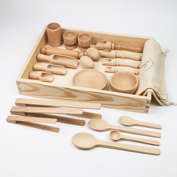 Baby Set Sensorische Bin-Werkzeuge, Holztablett, Montessori Bin-Werkzeuge, Kleinkind Sensorisches Kit, Waldorf Spielzeug, lose Teile, Transferarbeit, Feinmotorik