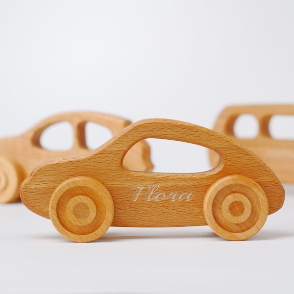 Coche de juguete personalizado, vehículo de empuje de madera, juguete Montessori natural, coche de carreras, regalo de niño bebé, decoración de guardería, coche de juguete de madera, relleno de medias