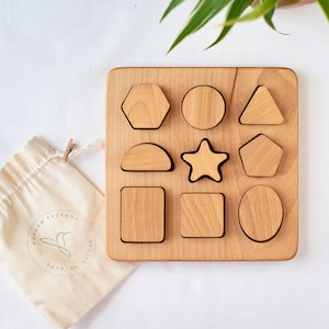 Wooden Shape Puzzle, Toddler Wooden Toy, Chunky Puzzle, Nine Piece Shape Board, Montessori Shape Sorter, Waldorf Kids Toy, Kids Eco Toy image 1