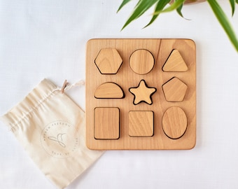 Wooden Shape Puzzle, Toddler Wooden Toy, Chunky Puzzle, Nine Piece Shape Board, Montessori Shape Sorter, Waldorf Kids Toy,  Kids Eco Toy