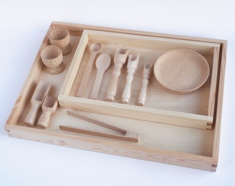 Montessori Sensory Bin Tools, Wooden Tray, Sensory Bin Kit, Transfer Work, Kids Wooden Scoops, Sensory Table, Crative Play Tools, Wooden Toy