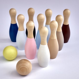 10 Wood Bowling Pins, Wooden Balls, Table Top Bowling, Waldorf Toys, Toddler Skittles Game, Kids Bowling Set, Nursery Decor, Waldorf Toys image 1