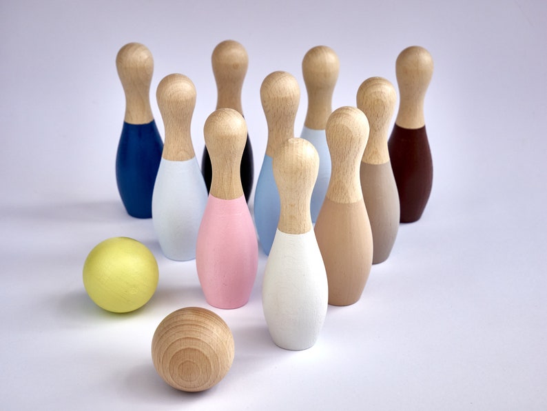 10 Wood Bowling Pins, Wooden Balls, Table Top Bowling, Waldorf Toys, Toddler Skittles Game, Kids Bowling Set, Nursery Decor, Waldorf Toys image 1