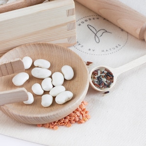 Wooden scoops trasfering beans from wooden bowl to wooden box. Kids scoop with rice and small wooden pin.