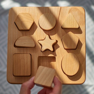 Wooden Shape Puzzle, Toddler Wooden Toy, Chunky Puzzle, Nine Piece Shape Board, Montessori Shape Sorter, Waldorf Kids Toy, Kids Eco Toy image 5