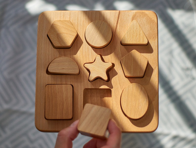 Wooden Shape Puzzle, Toddler Wooden Toy, Chunky Puzzle, Nine Piece Shape Board, Montessori Shape Sorter, Waldorf Kids Toy, Kids Eco Toy image 5