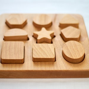 Wooden Shape Puzzle, Toddler Wooden Toy, Chunky Puzzle, Nine Piece Shape Board, Montessori Shape Sorter, Waldorf Kids Toy, Kids Eco Toy image 3