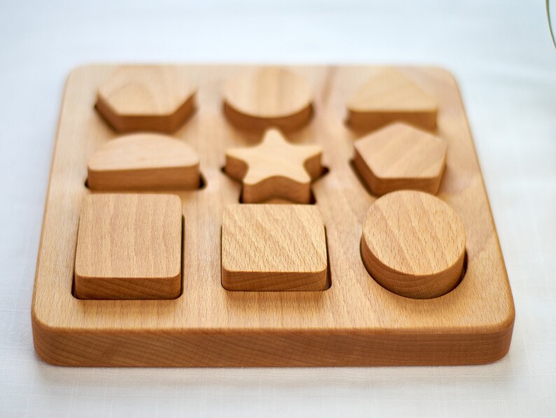 Wooden Shape Puzzle, Toddler Wooden Toy, Chunky Puzzle, Nine Piece Shape Board, Montessori Shape Sorter, Waldorf Kids Toy, Kids Eco Toy image 3