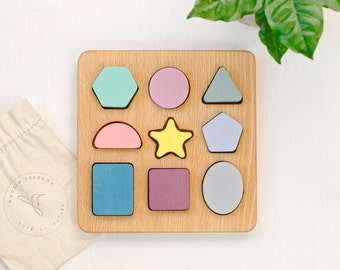 Wooden Shape Puzzle, Toddler Wooden Toy, Chunky Puzzle, Nine Piece Shape Board, Montessori Shape Sorter, Waldorf Activity Toy, Kids Eco Toy