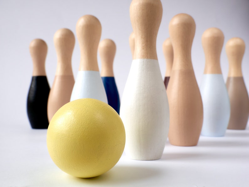 10 Wood Bowling Pins, Wooden Balls, Table Top Bowling, Waldorf Toys, Toddler Skittles Game, Kids Bowling Set, Nursery Decor, Waldorf Toys image 6